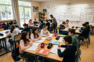 Classe de cycle 3 en plein travail, élèves regroupés en petits groupes autour de tables, professeure au tableau, matériel pédagogique et cahiers ouverts.