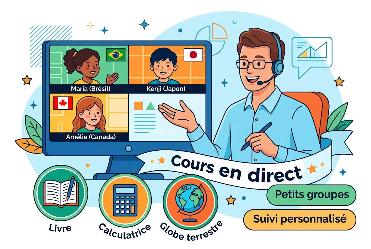 Cours en direct avec professeur virtuel pour une école française en ligne pour expatriés, élèves du primaire au lycée.