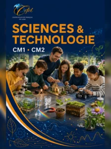Livre scolaire « Sciences & Technologie » CM1 - CM2, couverture bleu avec élèves autour d’un laboratoire et expériences.