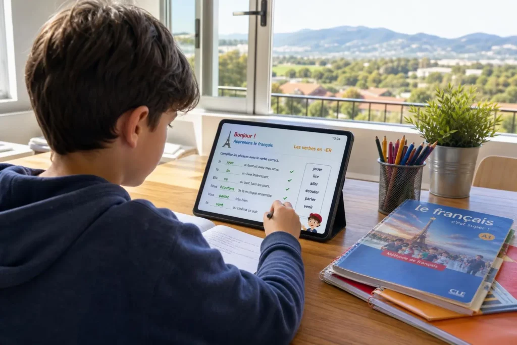Enfant étudiant sur tablette à domicile, clavier et cahiers à côté; vue sur paysage depuis la fenêtre, étagère de fournitures et livre de français. cned cours en ligne expatrié