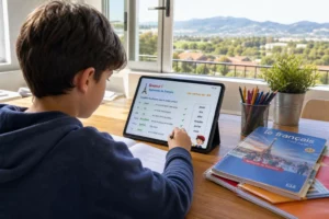 Enfant étudiant sur tablette à domicile, clavier et cahiers à côté; vue sur paysage depuis la fenêtre, étagère de fournitures et livre de français. cned cours en ligne expatrié