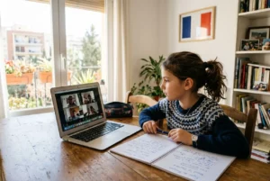 Enfant studieuse en visioconférence sur ordinateur portable, à la maison, avec ses cahiers ouverts et un crayon, pour l’école française en ligne pour expatriés.