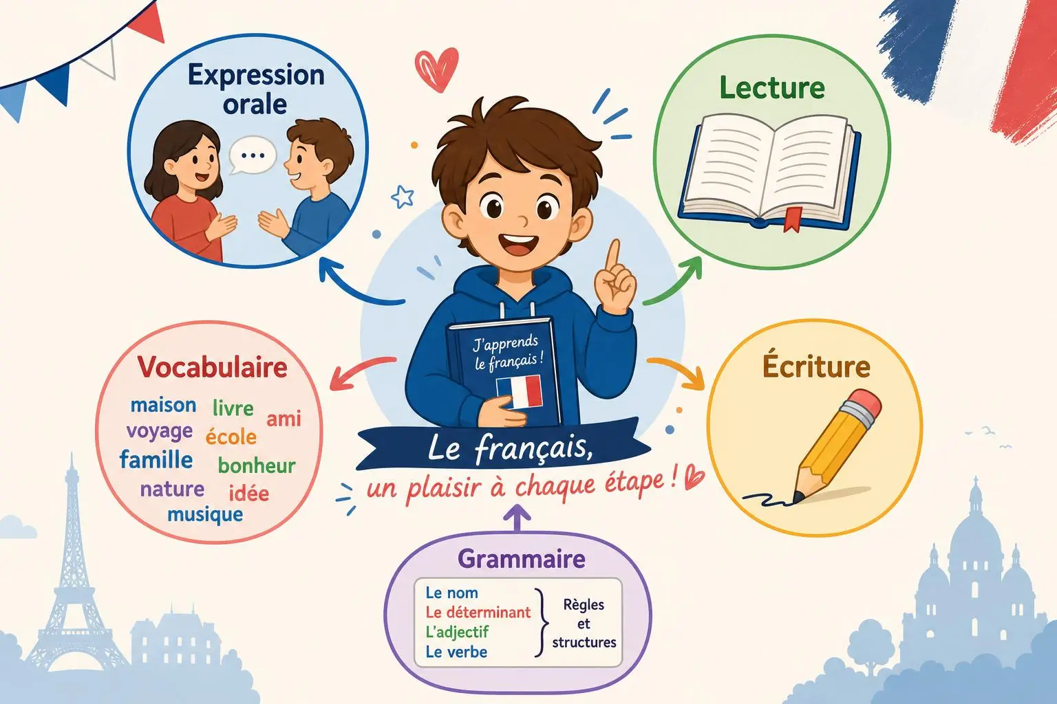 Illustration d’un enfant souriant entouré d’icônes pédagogiques sur le français: expression orale, lecture, écriture, grammaire et vocabulaire, thème central “Le français, un plaisir à chaque étape !”