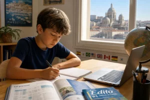 Jeune garçon fait ses devoirs à la maison, écrivant près d’un ordinateur portable et d’un livre ouvert, avec vue sur la ville et un globe sur le bureau. intégrant le thème scolariser son enfant à l'étranger.