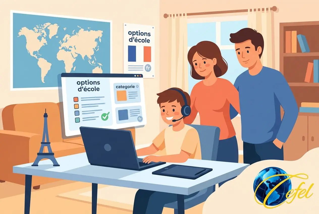 Adaptation élève expatrié cours maths: élève au bureau avec ordinateur, écouteurs et parents derrière, cours à distance affichés à l’écran.