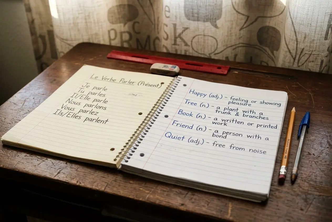 Carnet de notes ouvert sur une table en bois, pages avec verbes au présent et définitions en anglais, crayon bleu, gomme et règle à l’arrière. Enfant bilingue avantages.
