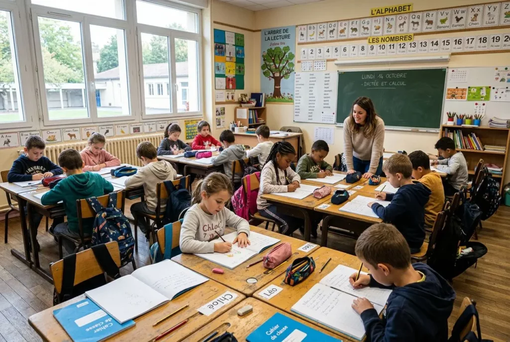 Classe de cycle 2 en activité d’écriture et de lecture, avec une enseignante guidant les élèves autour des tables, matériel scolaire et affichages éducatifs en arrière-plan. intégré contexte: "programme cycle 2 éduscol".