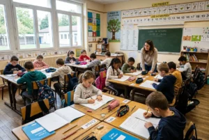 Classe de cycle 2 en activité d’écriture et de lecture, avec une enseignante guidant les élèves autour des tables, matériel scolaire et affichages éducatifs en arrière-plan. intégré contexte: "programme cycle 2 éduscol".