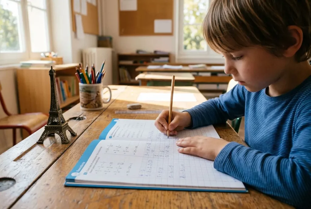Enfant expatrié travaillant les maths à la maison, carnet et crayon à la main, près d’un petit modèle de Tour Eiffel sur le bureau. adaptant l’apprentissage des mathématiques.