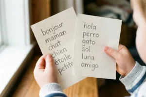 Enfant montrant deux fiches avec des mots simples en français et espagnol, débutant à lire et reconnaître le vocabulaire. enregistrement leçon "enfant bilingue avantages" intégré naturellement.