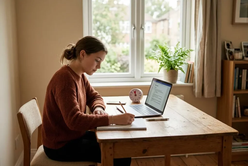 Étudiante à distance sur un bureau, écrivant dans un carnet près d’un portable et d’un réveil, ambiance calme et lumineuse. Environnement domestique.