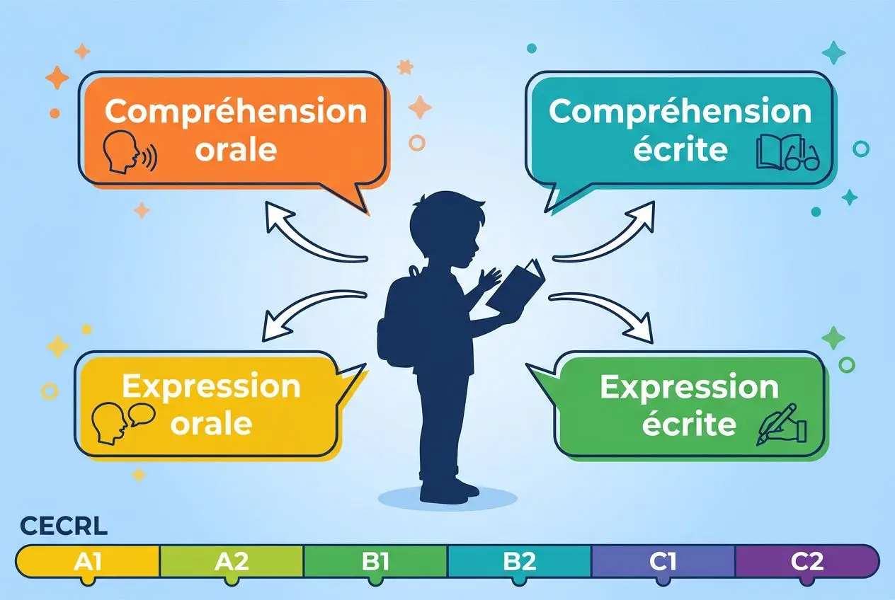 Schéma illustrant les quatre domaines du DELF: compréhension orale et écrite, expression orale et expression écrite, avec une silhouette d’enfant et des bulles colorées; échelles CECRL A1 à C2 en bas. Préparation delf enfants expatriés intégrée.