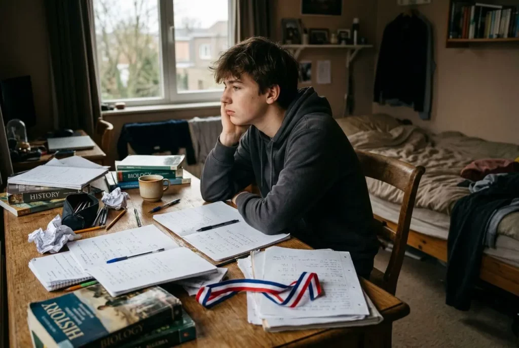 Ado en échec scolaire que faire : jeune homme pensif à son bureau, cahiers éparpillés et diplôme posé, dans une chambre illuminée.