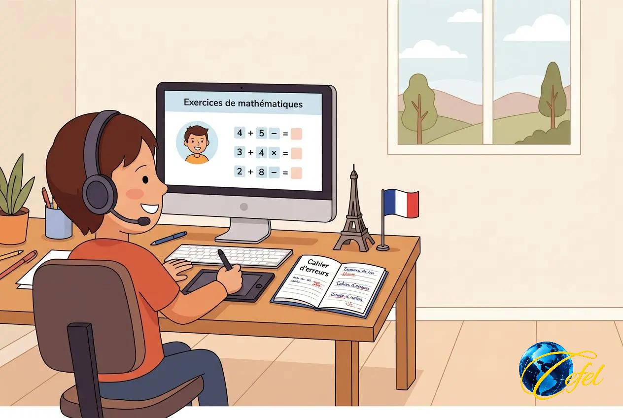 Enfant en ligne, casque audio, sur un bureau avec écran affichant “Exercices de mathématiques”; posant des calculs, cahier d’erreurs à côté, petit drapeau français et vue extérieure par la fenêtre. aide pour combler lacunes maths.
