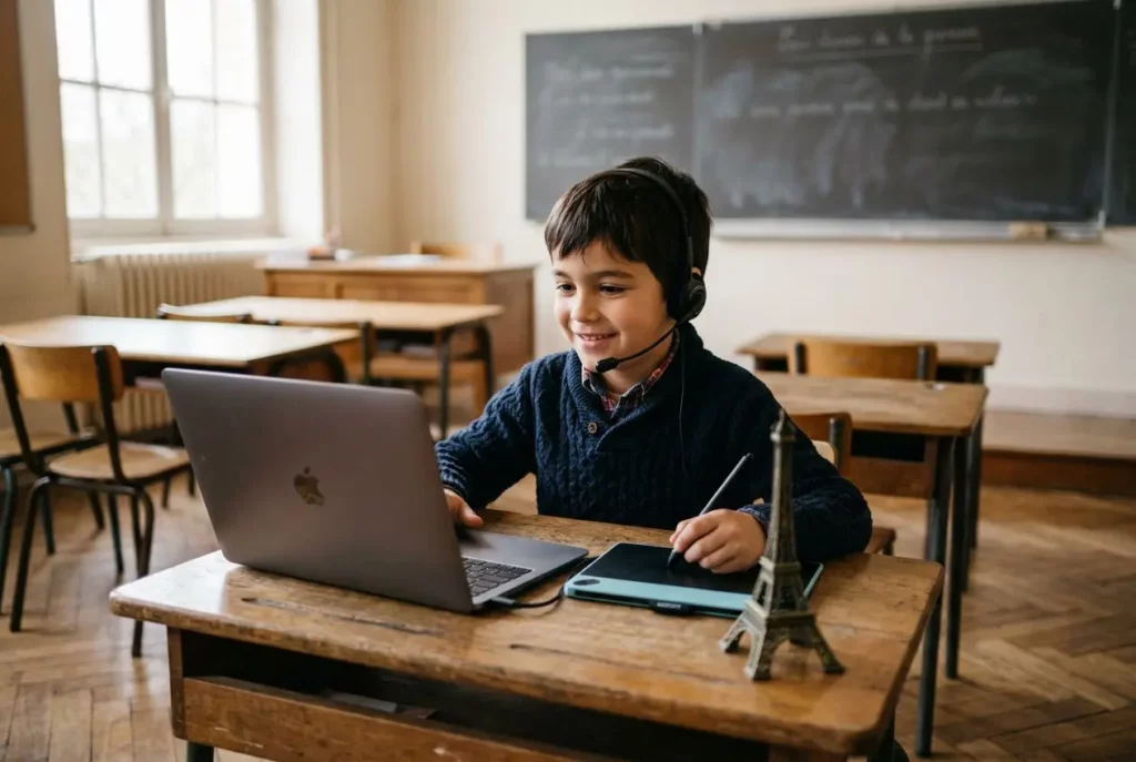 Enfant souriant en classe, casque audio, travaille sur un ordinateur portable à l’école française, avec un petit modèle de tour Eiffel sur le bureau. Adapter enfant école française.