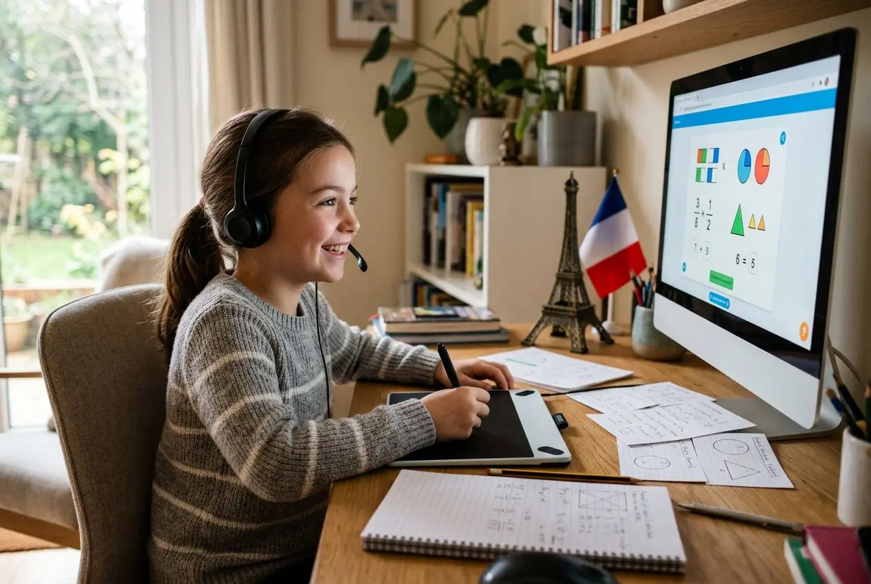 Fille souriante avec casque micro donne cours à domicile, écran d’ordinateur affichant des mathématiques, cahiers et dessins sur le bureau. aide pour combler lacunes maths intégré.