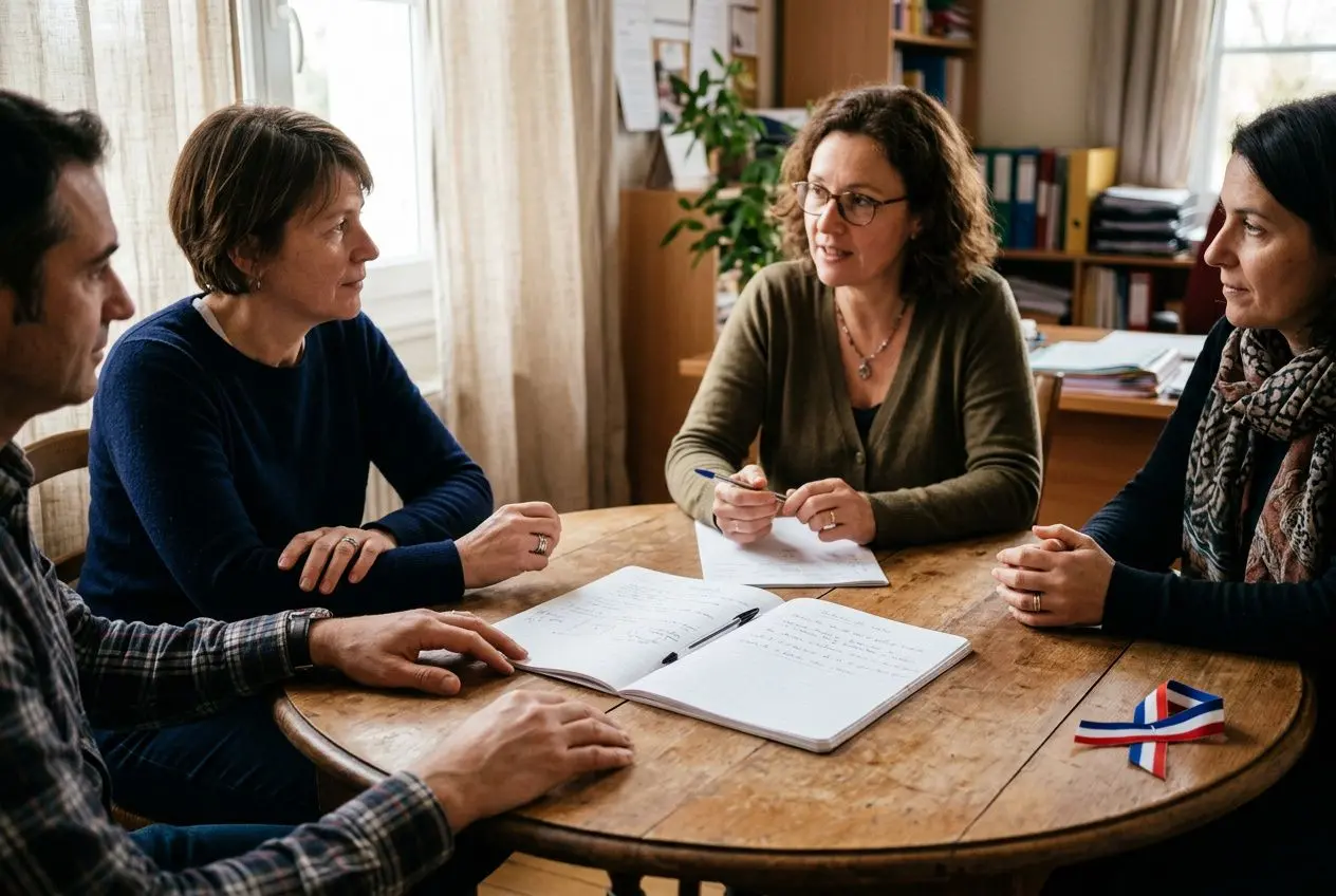 Groupe de personnes en réunion autour d’une table, discutant et prenant des notes, ambiance chaleureuse et collaborative. ado en échec scolaire que faire motif accompagnement scolaire.