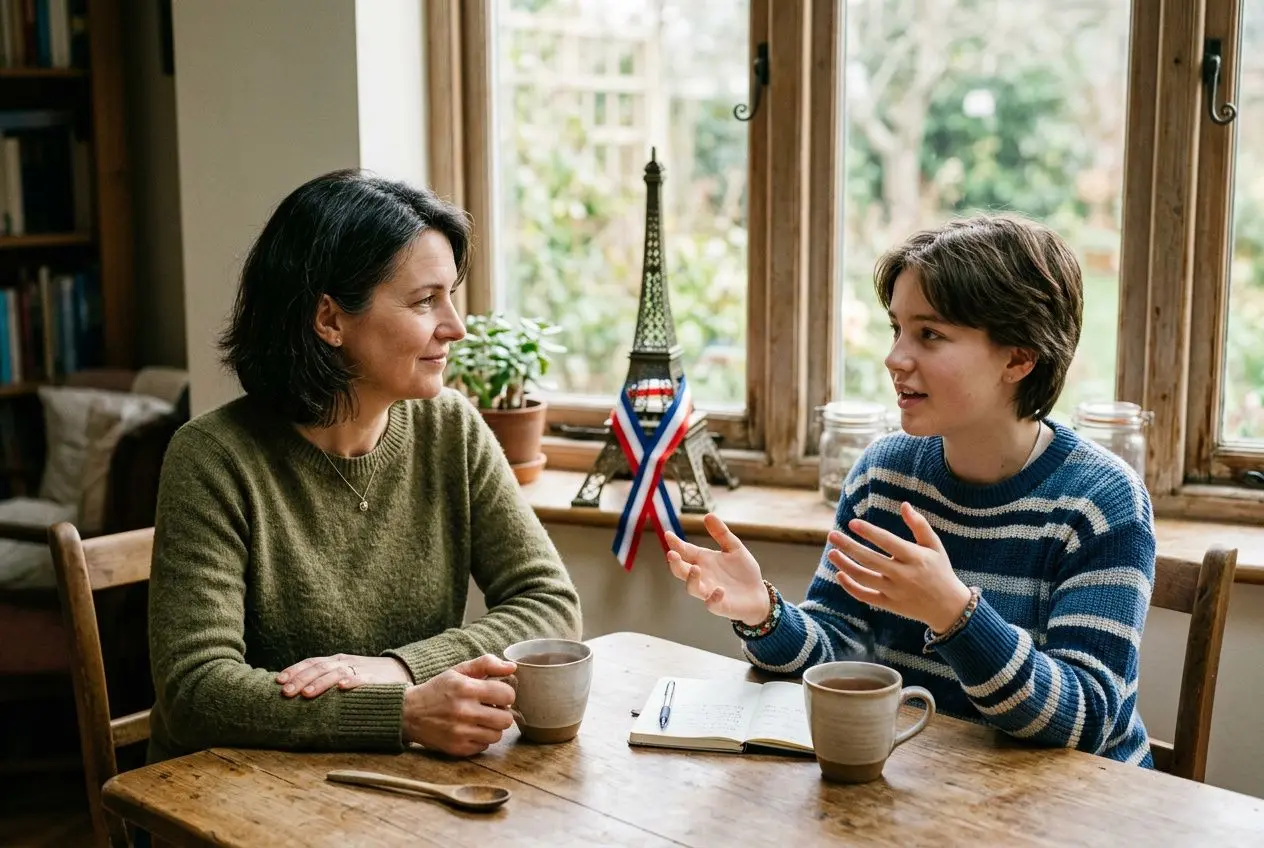 Une mère et son ado en train de discuter autour d’une table, avec une petite figurine de la tour Eiffel et des tasses. Alt text integrant le mot-clé: "ado en échec scolaire que faire" de façon naturelle.