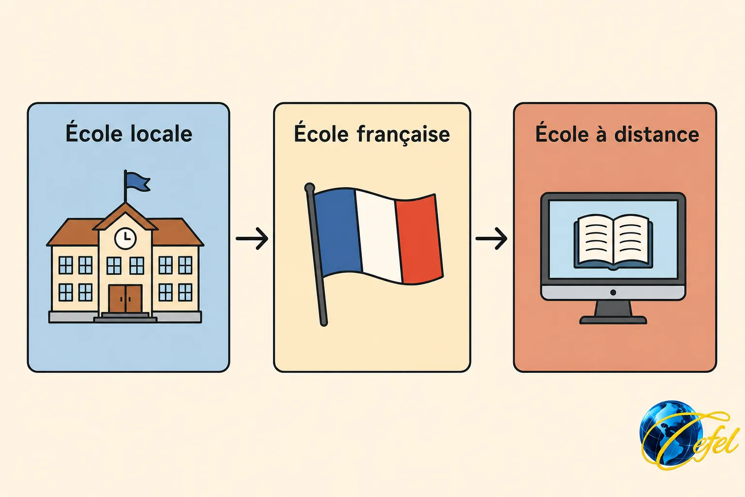 Processus d’orientation: adapter enfant école française, passant d’une école locale à l’école française puis à l’école à distance.