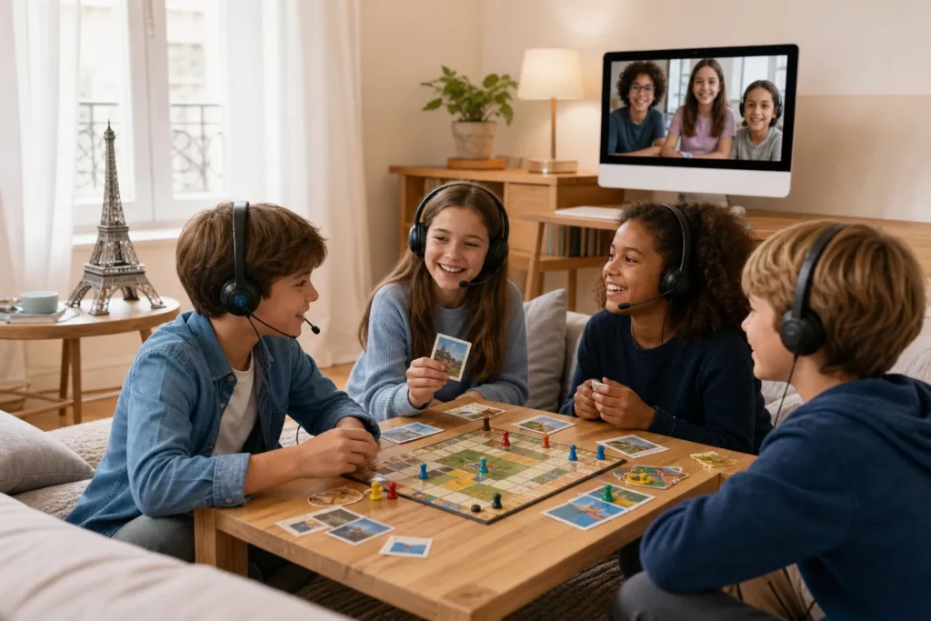 Quatre enfants jouant à un jeu de plateau, tête à tête et sourire, casque audio connectés; écran dimage montre une visioconférence avec trois personnes, ambiance conviviale pour apprendre le français en s'amusant.